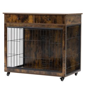 Dog Crate Furniture, Wooden Dog Crate End Table, 38.4 Inch Dog Kennel with 2 Drawers Storage, Heavy Duty Dog Crate (Color: as Pic)